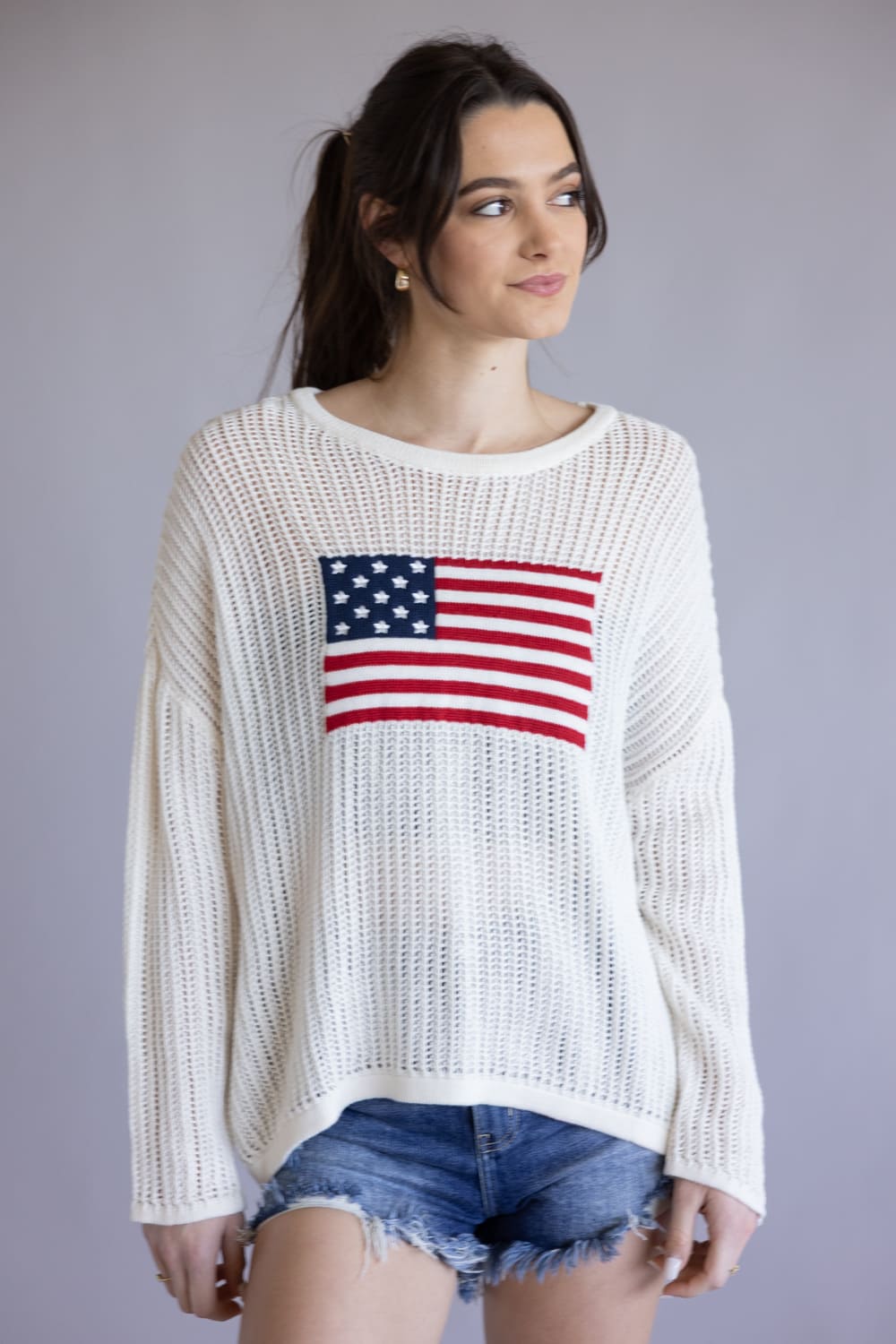 Simply Southern Open Knit Flag Sweater for Women in Cream