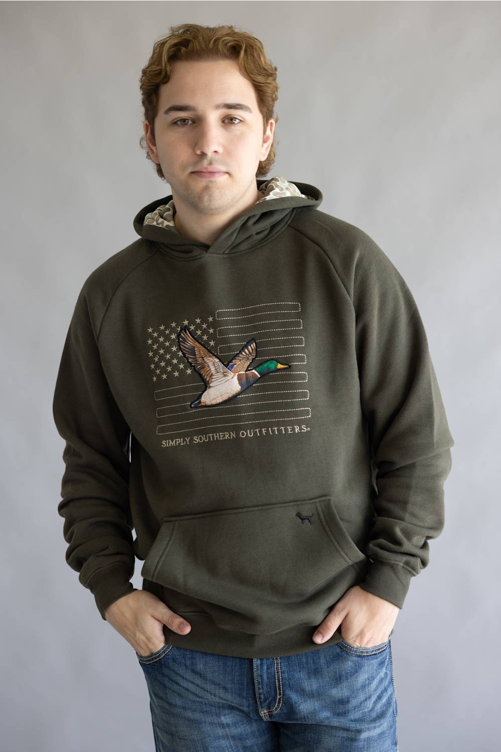 Simply Southern Outdoor Camo Flag Hoodie for Men in Dark Green | PP-0226-MN-HD-OTDR-GREEN