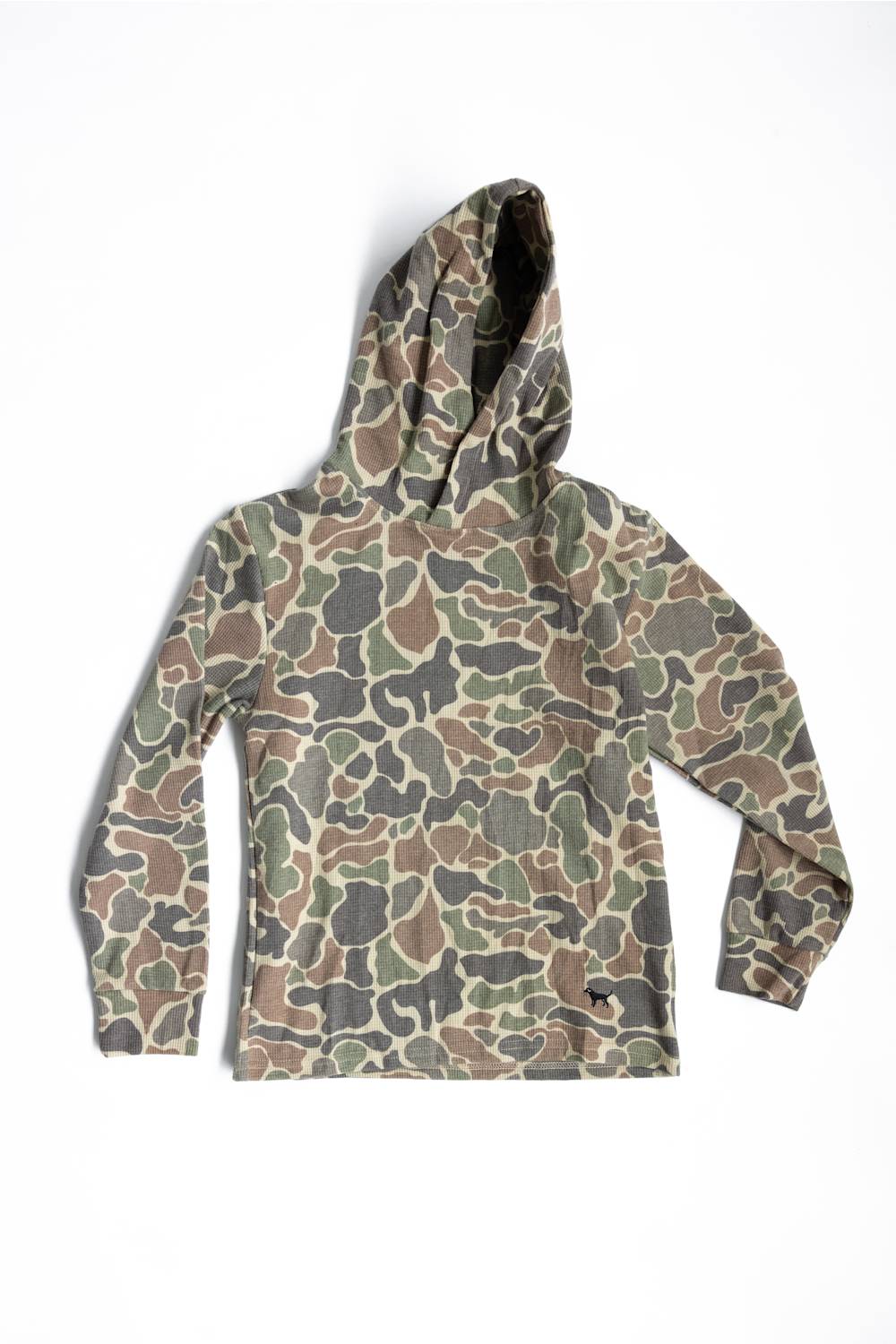 Waffle knit textured boy's hoodie with all over camo pattern and long sleeves 