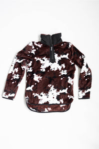 Faux fur youth pullover with brown cow print all over 