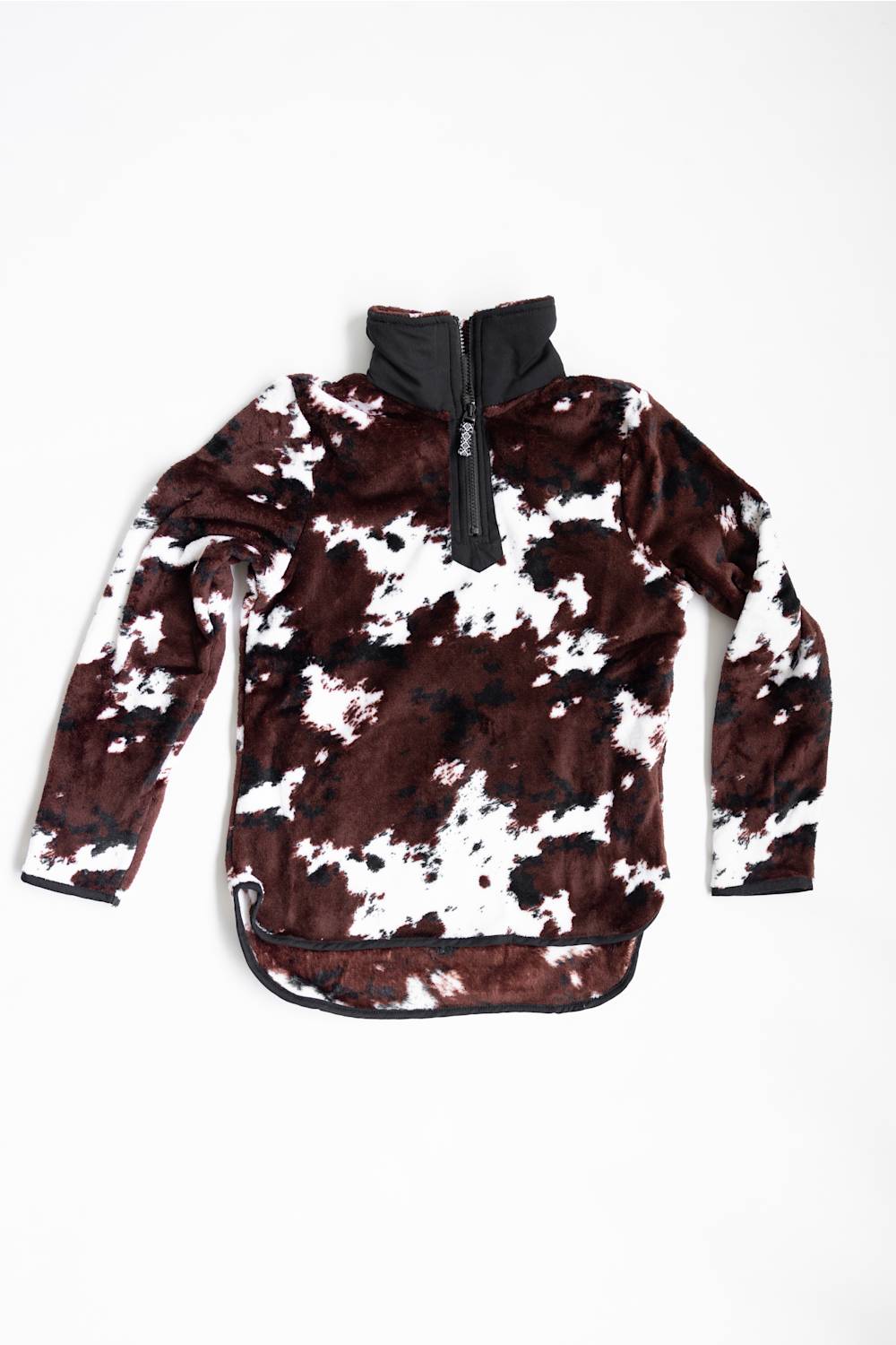 Faux fur youth pullover with brown cow print all over 
