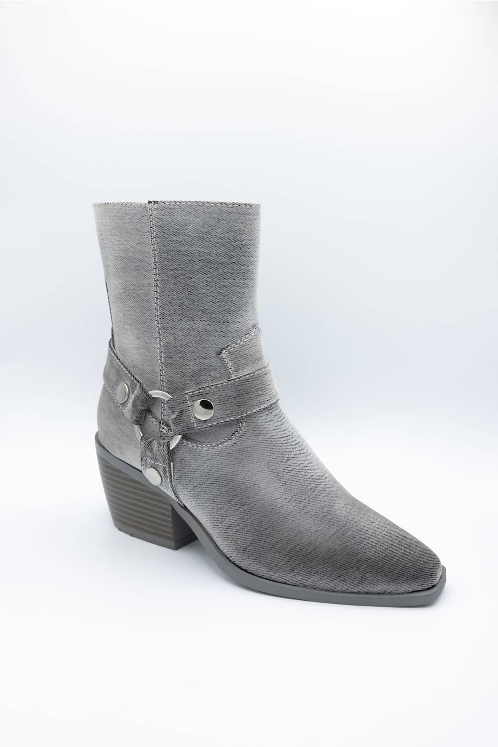 A single gray ankle boot with a textured finish, a stacked block heel, and decorative strap details with silver-tone studs on the side, shown against a plain white background.