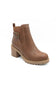 A brown leather ankle boot with a block heel, a side buckle strap detail, and a lug sole, shown on a plain white background.