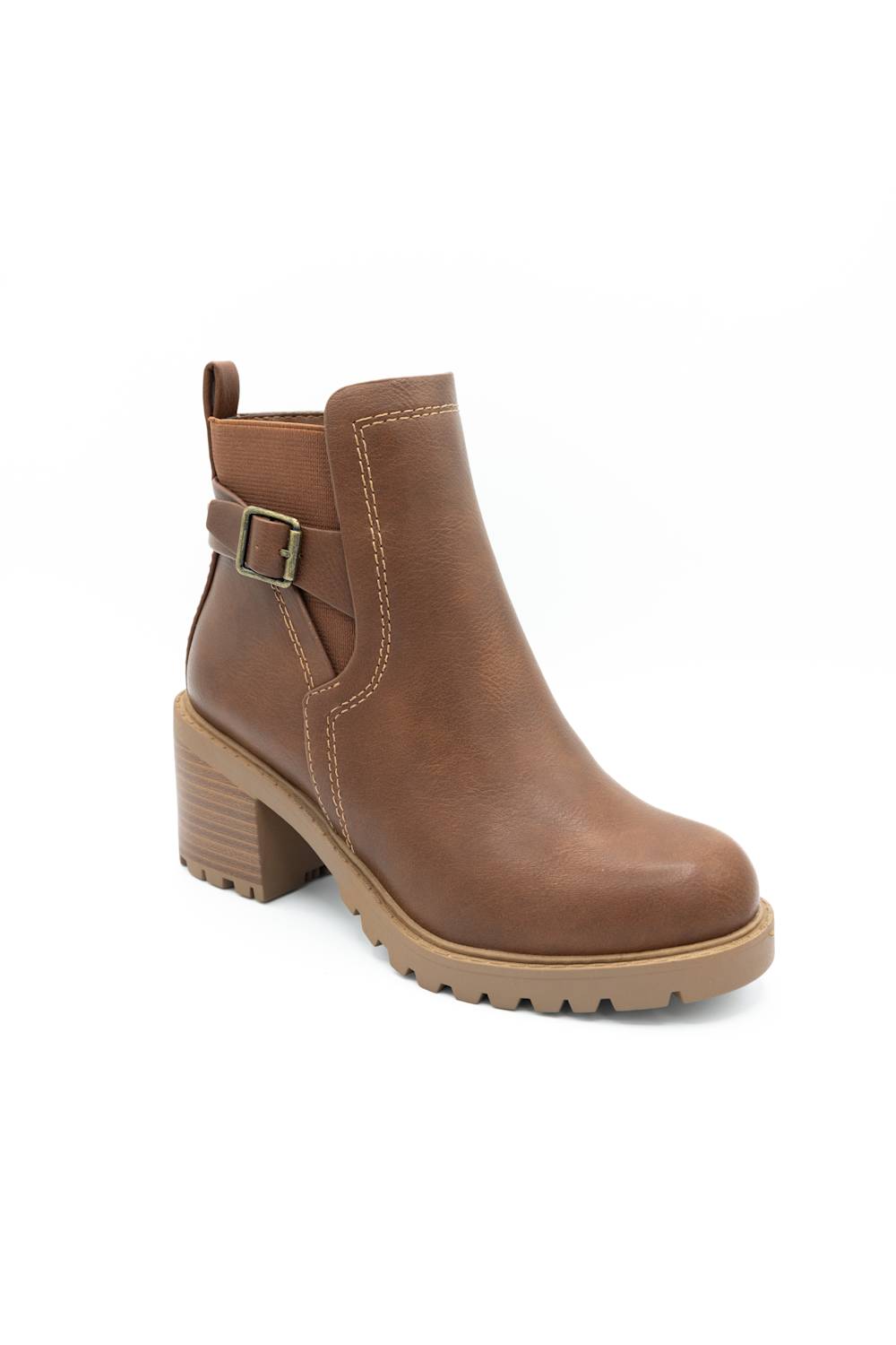 A brown leather ankle boot with a block heel, a side buckle strap detail, and a lug sole, shown on a plain white background.