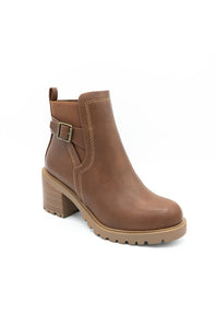 A brown leather ankle boot with a block heel, a side buckle strap detail, and a lug sole, shown on a plain white background.