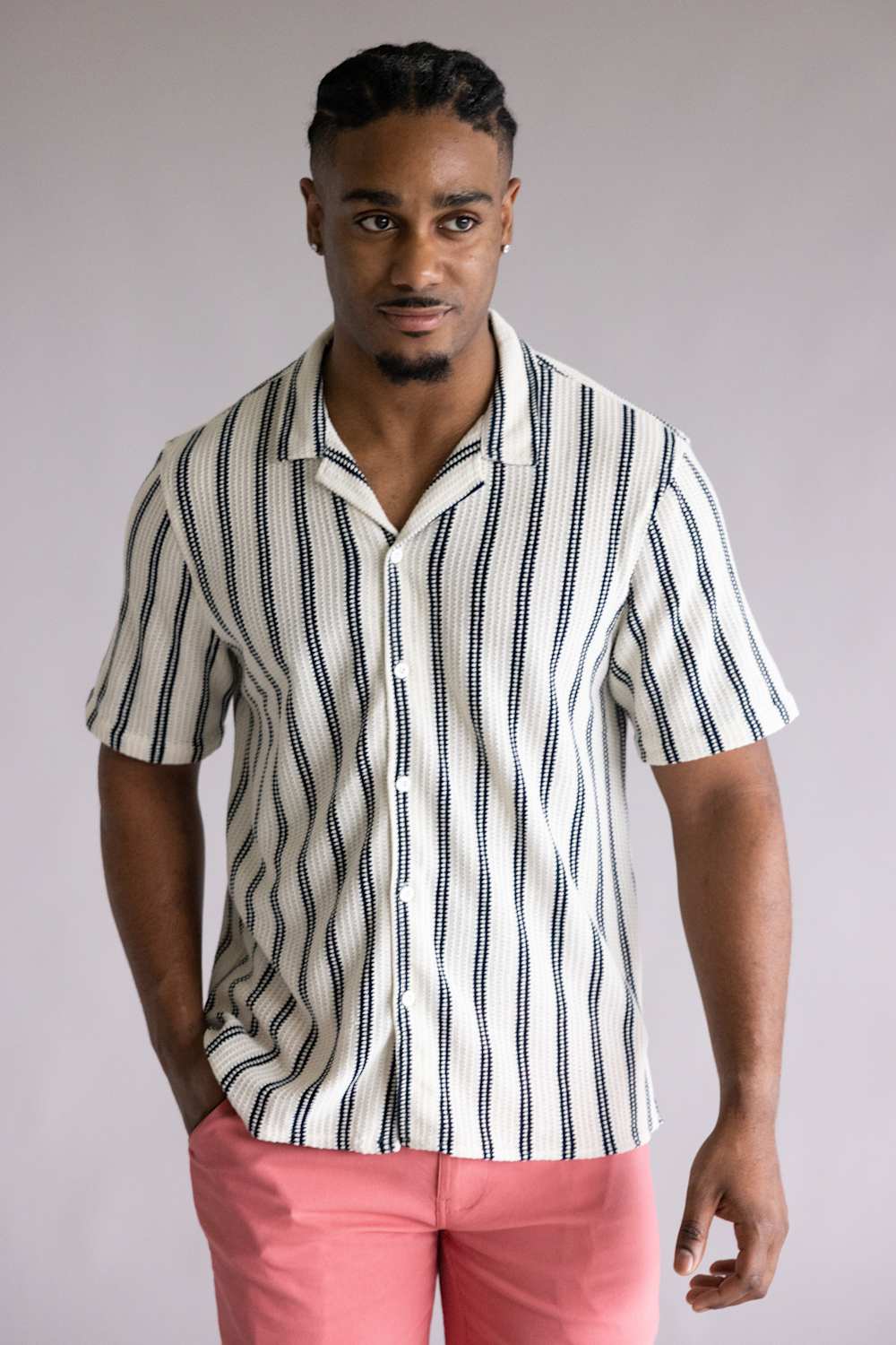Textured Woven Button Up Shirt for Men in Cream/Black | 7PW7532M