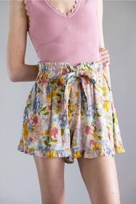 Paperbag Floral Tie Waist Ruffle Shorts for Women in Bay