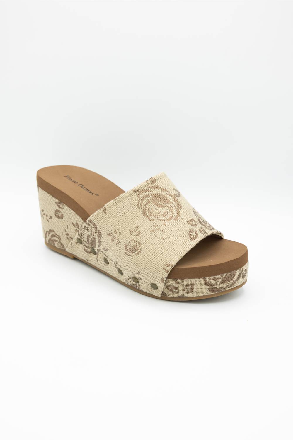 Pierre Dumas Vivian Floral Wedge Sandals for Women in Bronze; Beige sandal with floral pattern on a white background