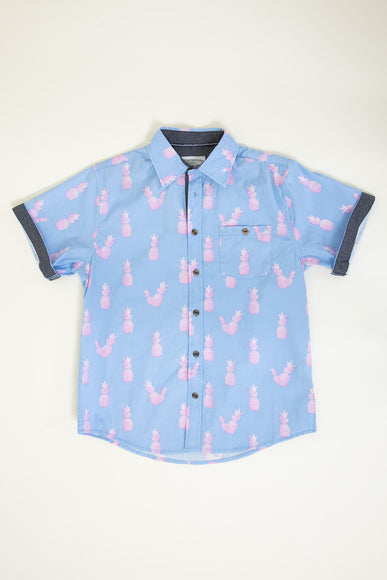 Youth Pineapple Button Up Top for Boys in Light Blue