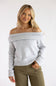 A model wears the Pink Rose Marilyn Off the Shoulder Sweater for Women in Heather Grey, a soft knit sweater with a wide, ribbed fold-over neckline, paired with olive green pants against a white studio background.