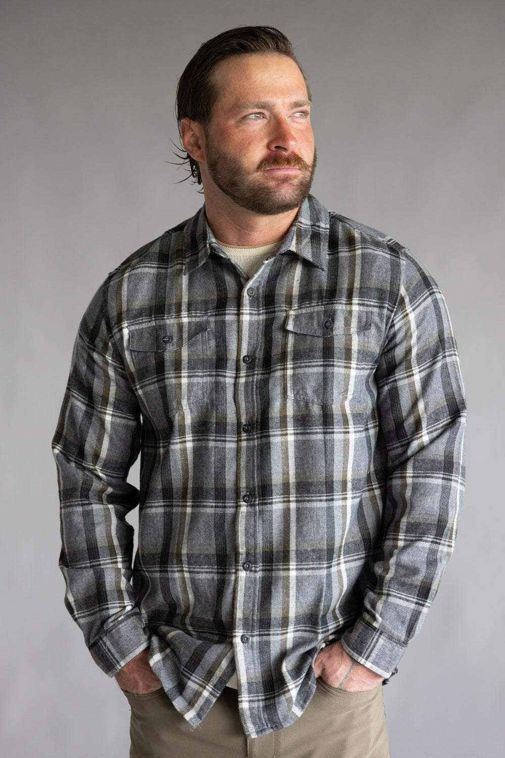 Plaid Flannel Shirt for Men in Grey Olive