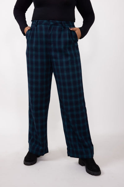Plaid Trouser Pants for Women in Navy/Green Check IP5003