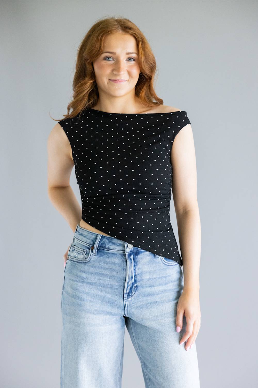 Polka Dot Asymmetrical Top for Women in Black