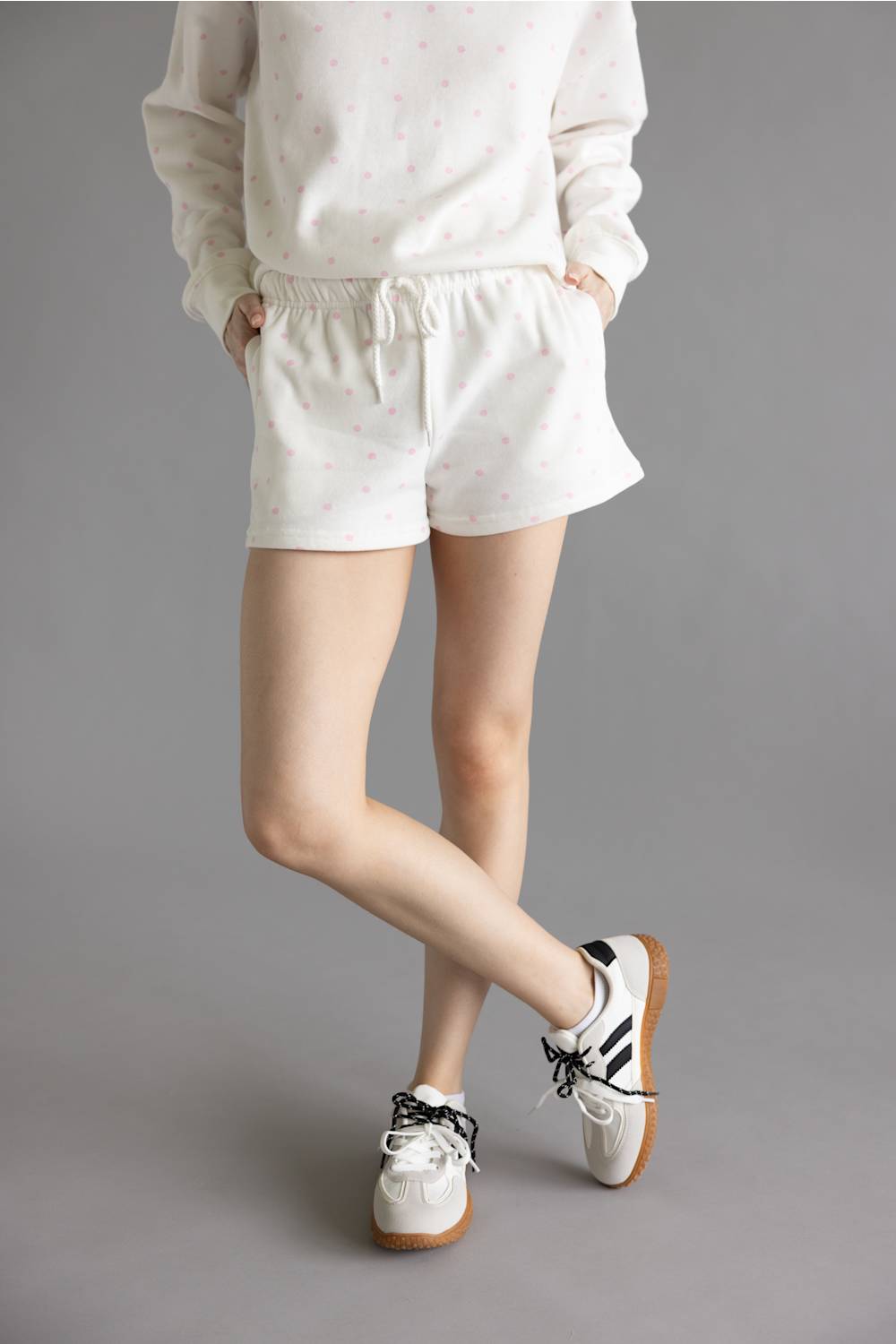 Polka Dot Fleece Shorts for Women in Ivory/Pink