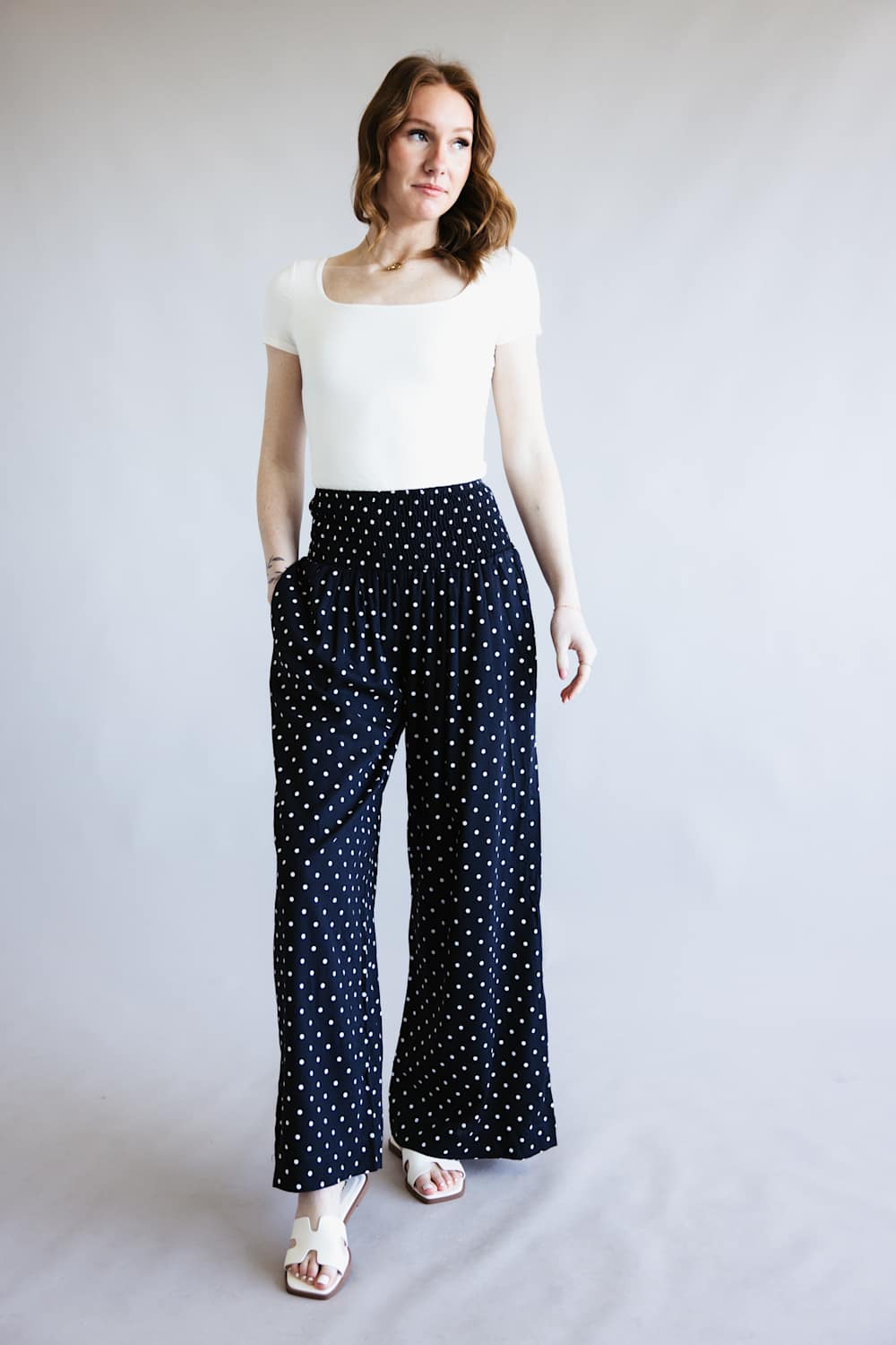 Polka Dot Smocked Wide Leg Pants for Women in Navy