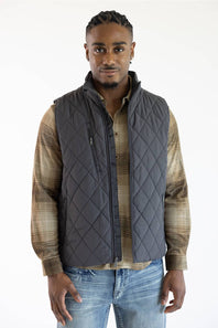 A man wearing a dark gray diamond-quilted zip-up vest over a brown and beige plaid button-up shirt, paired with blue jeans, against a plain white background.