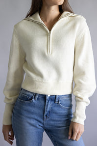 Quarter Zip Crop Sweater for Women in Blizzard White