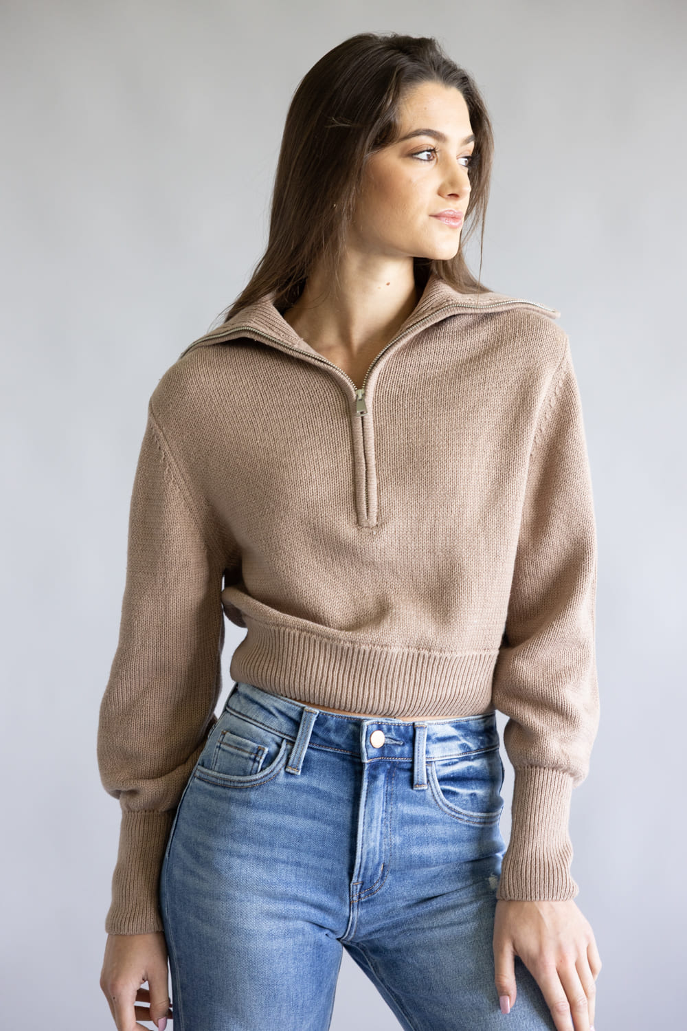 Quarter Zip Crop Sweater for Women in Dutch Mocha
