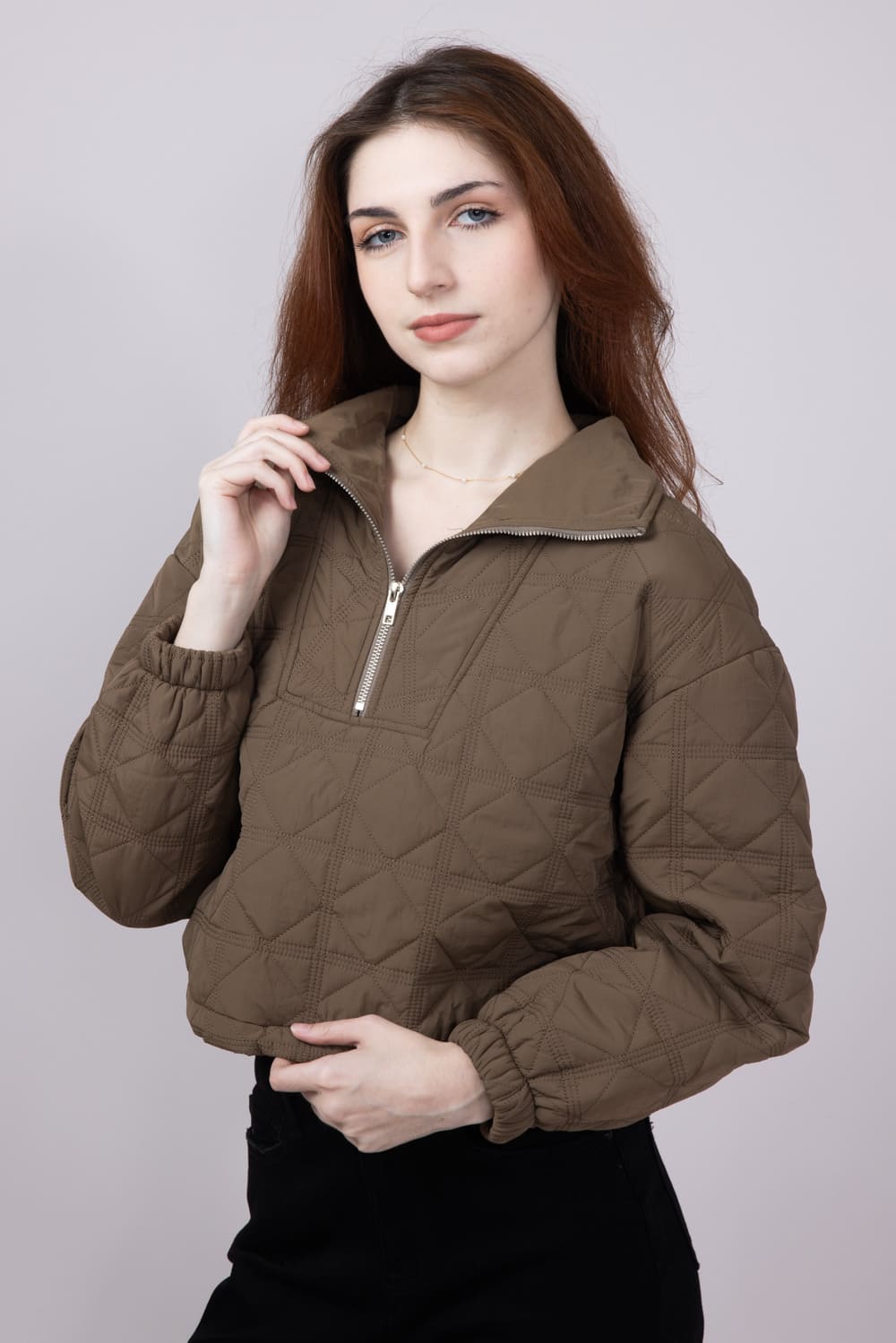 Quilted Puffer Quarter Zip for Women in Cocoa Brown