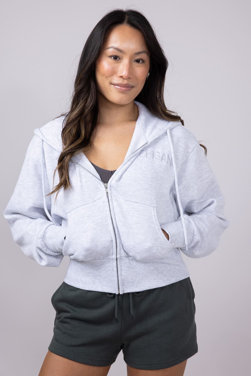 1897 Active Michigan Embroidered Full Zip Hoodie for Women in Grey