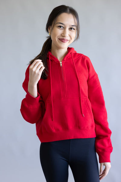 Half Zip Drawstring Fleece Hoodie for Women in Red