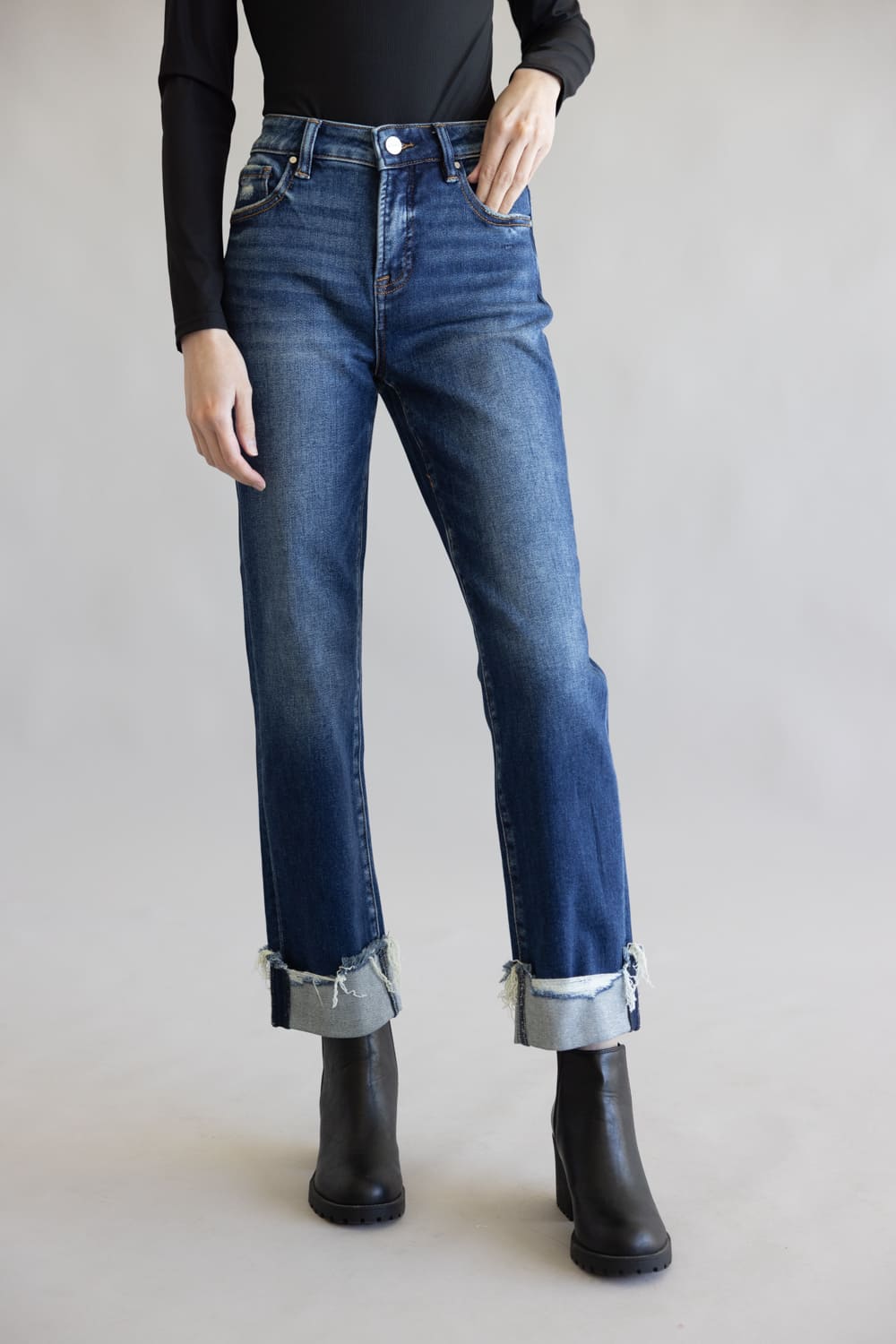 Risen High Rise Tummy Control Cuffed Straight Leg Jeans for Women