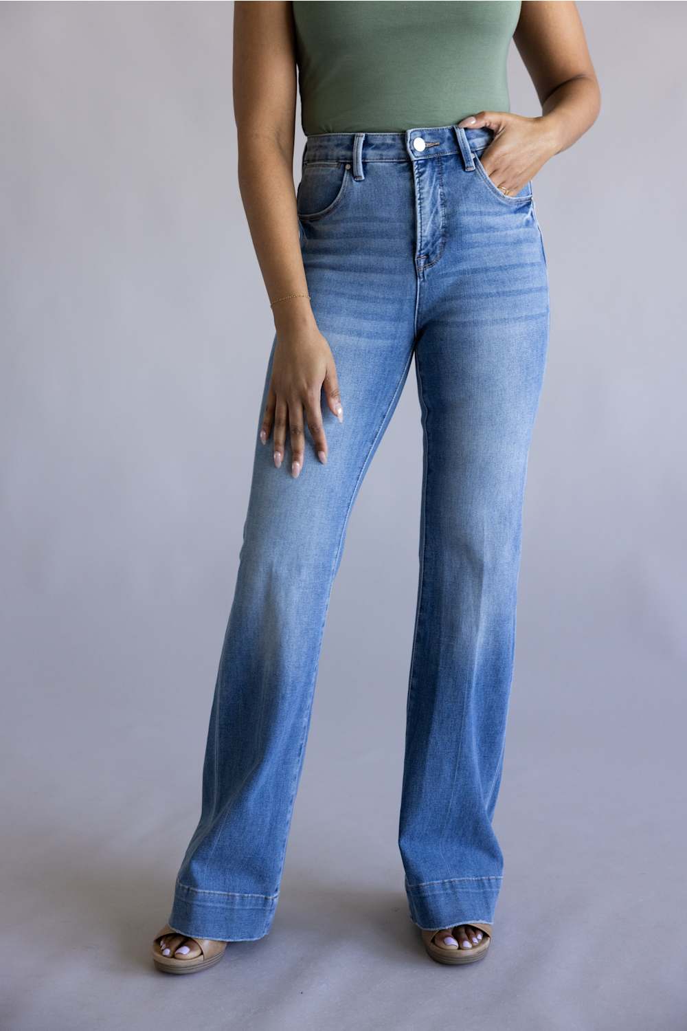 Risen Mid Rise Tummy Control Flare Jeans for Women