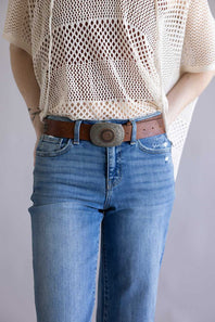 Roman Floral Buckle Belt for Women in Cognac/Silver