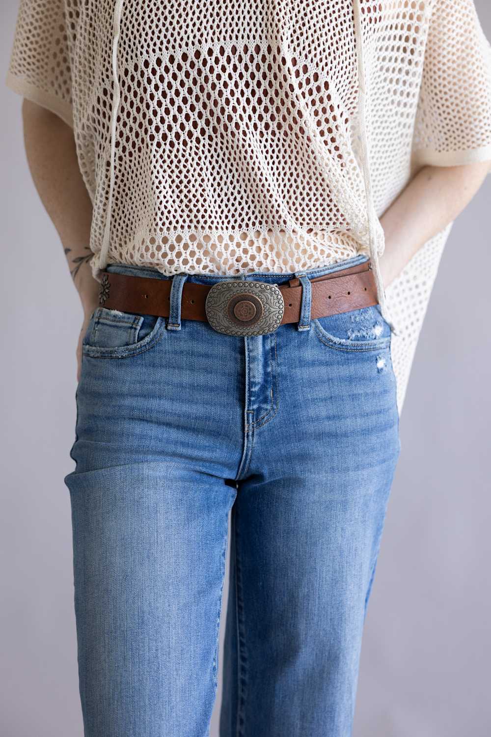 Roman Floral Buckle Belt for Women in Cognac/Silver