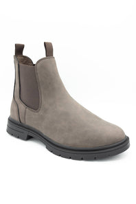 A taupe-brown suede Chelsea boot with dark brown elastic side panels and a black lug sole, shown from a three-quarters angle on a white background.