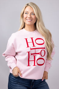 1897 Active HO HO HO Fleece Embroidered Sweatshirt for Women in Baby Pink