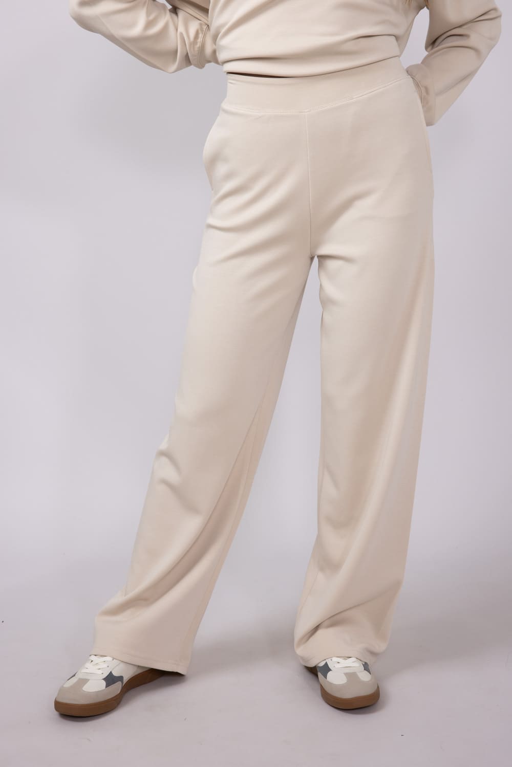 High Rise Stretch Wide Leg Sweatpants for Women in Beige | GP016