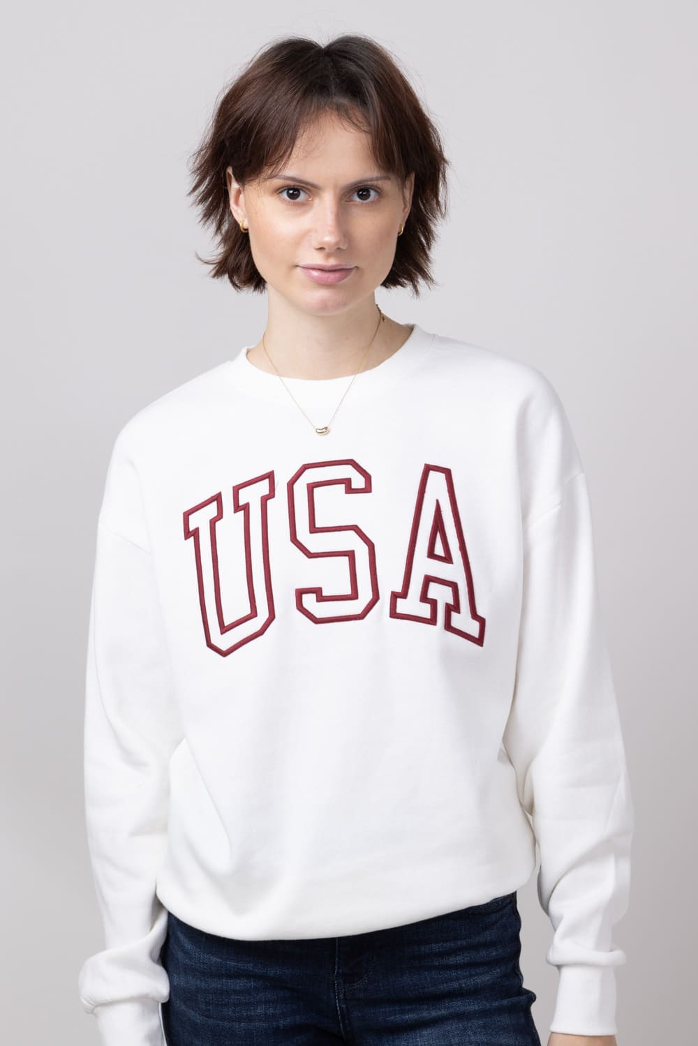 1897 Active USA Embroidered Fleece Sweatshirt for Women in Ivory