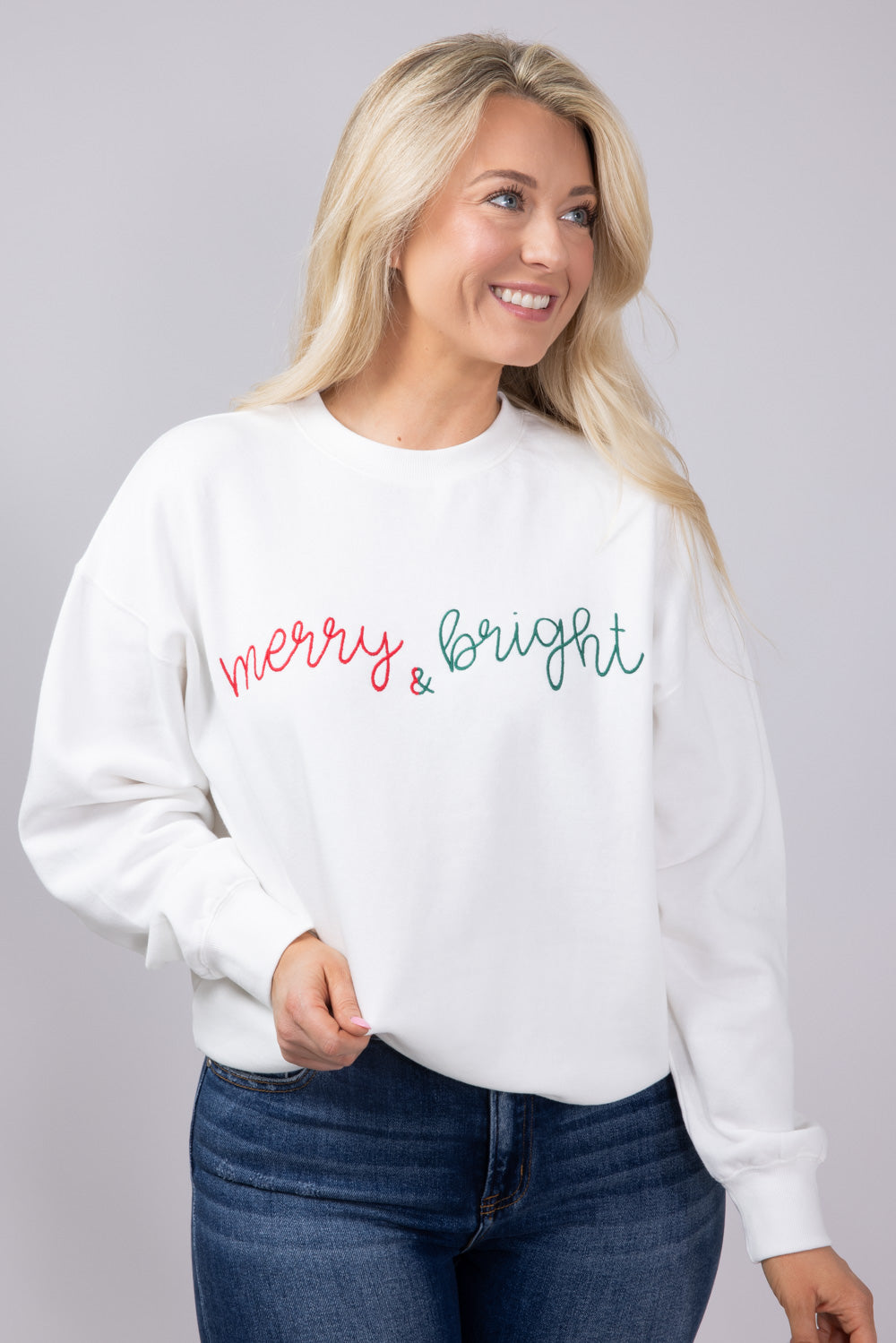 1897 Active Merry and Bright Fleece Embroidered Fleece Sweatshirt for Women in White