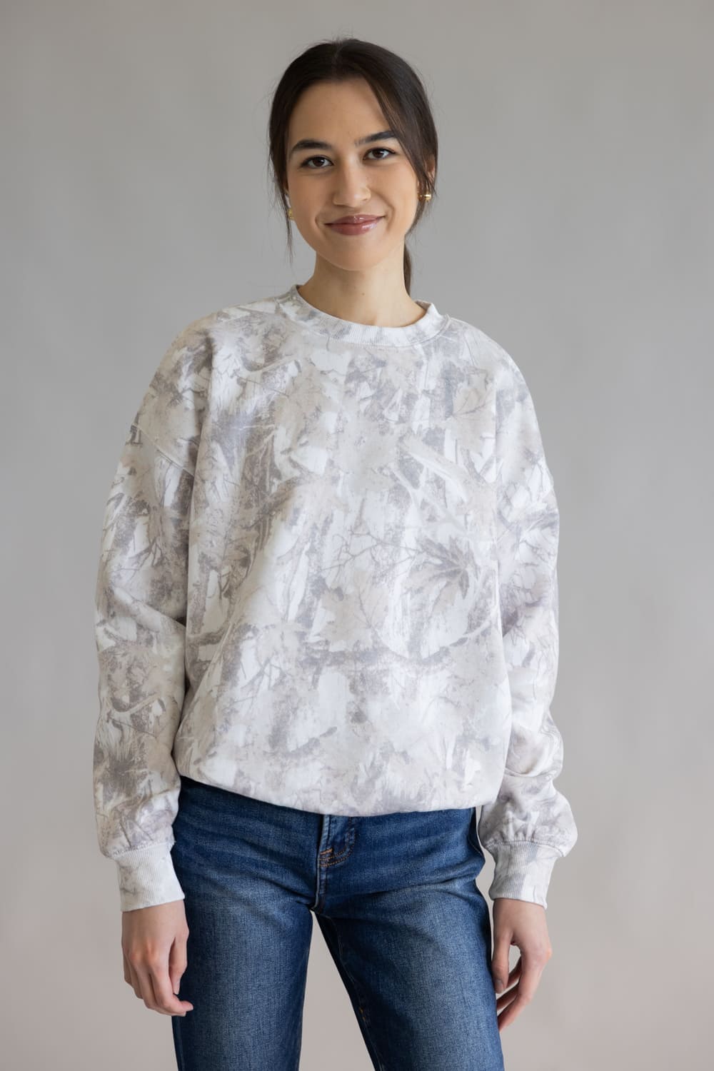 Relaxed Fit Fleece Sweatshirt for Women in Cream Camo