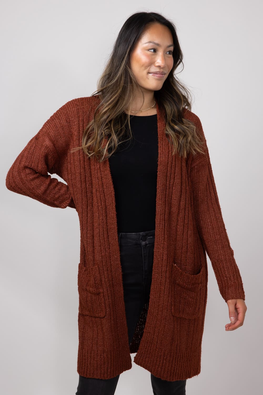 Ribbed Cardigan with Pockets for Women in Terracotta