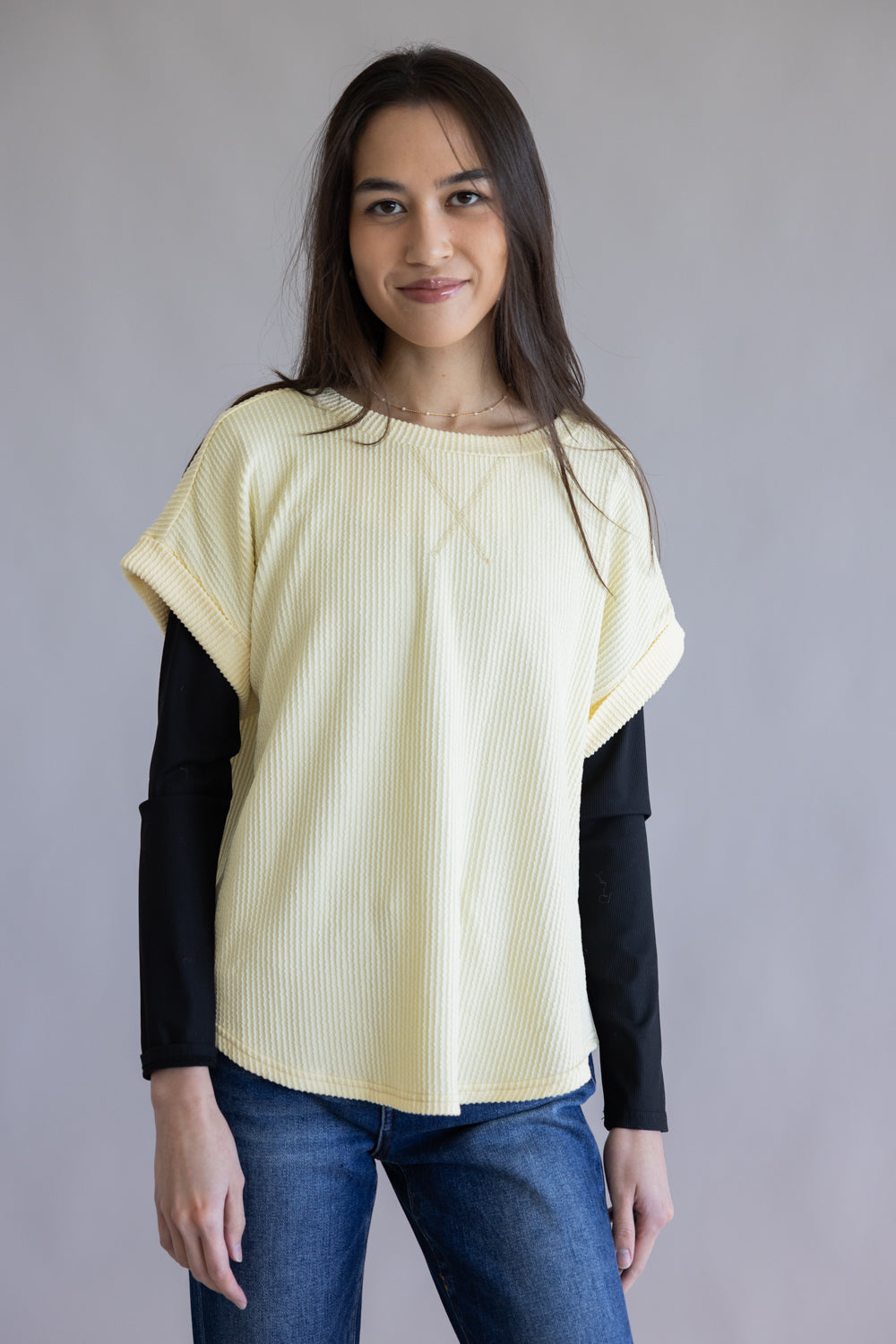 Ribbed Knit Top for Women in Butter Yellow | J5ST1019A-BUTTERYELLOW