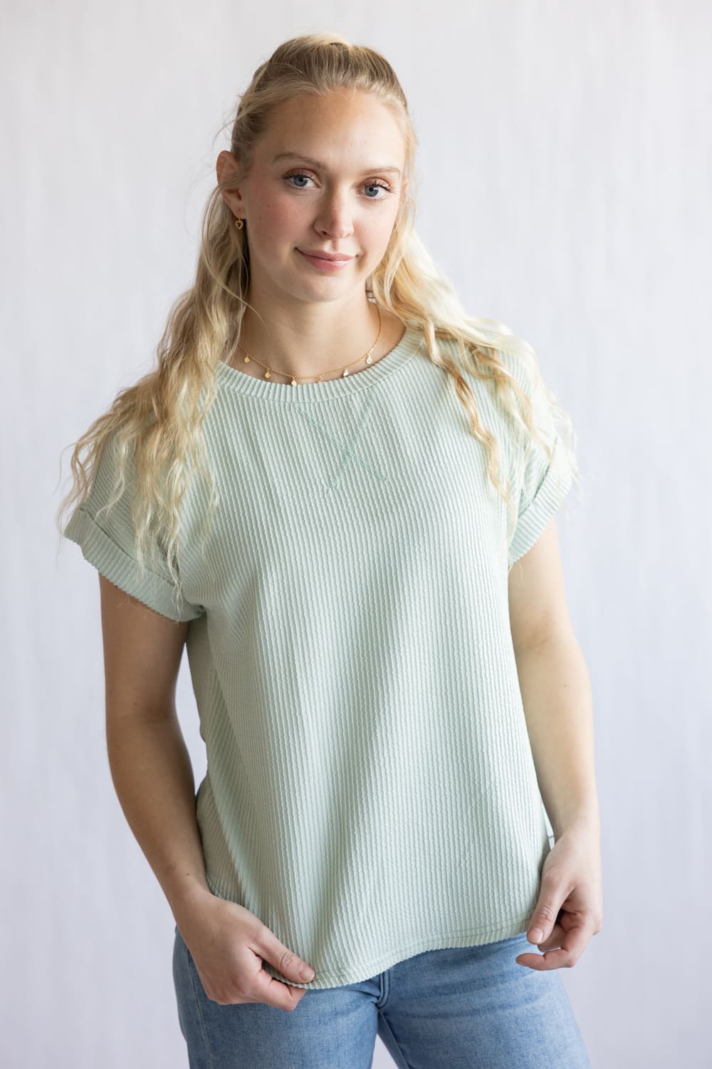 Ribbed Knit Top for Women in Dusty Mint