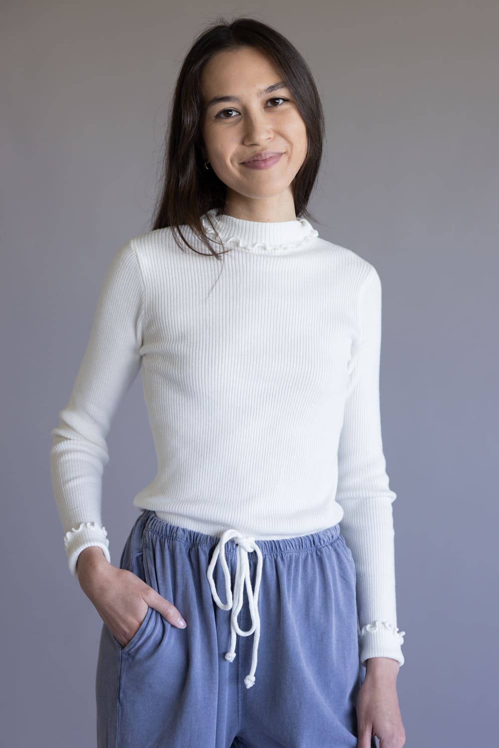 Ribbed Mock Neck Lettuce Hem Top for Women in White