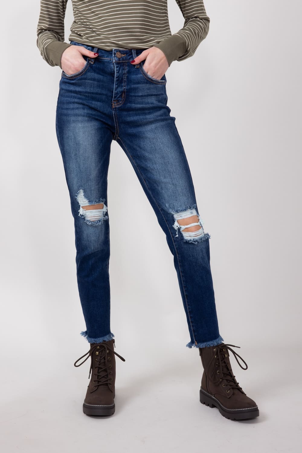 Risen Dark Wash High Rise Distressed Skinny Jeans for Women