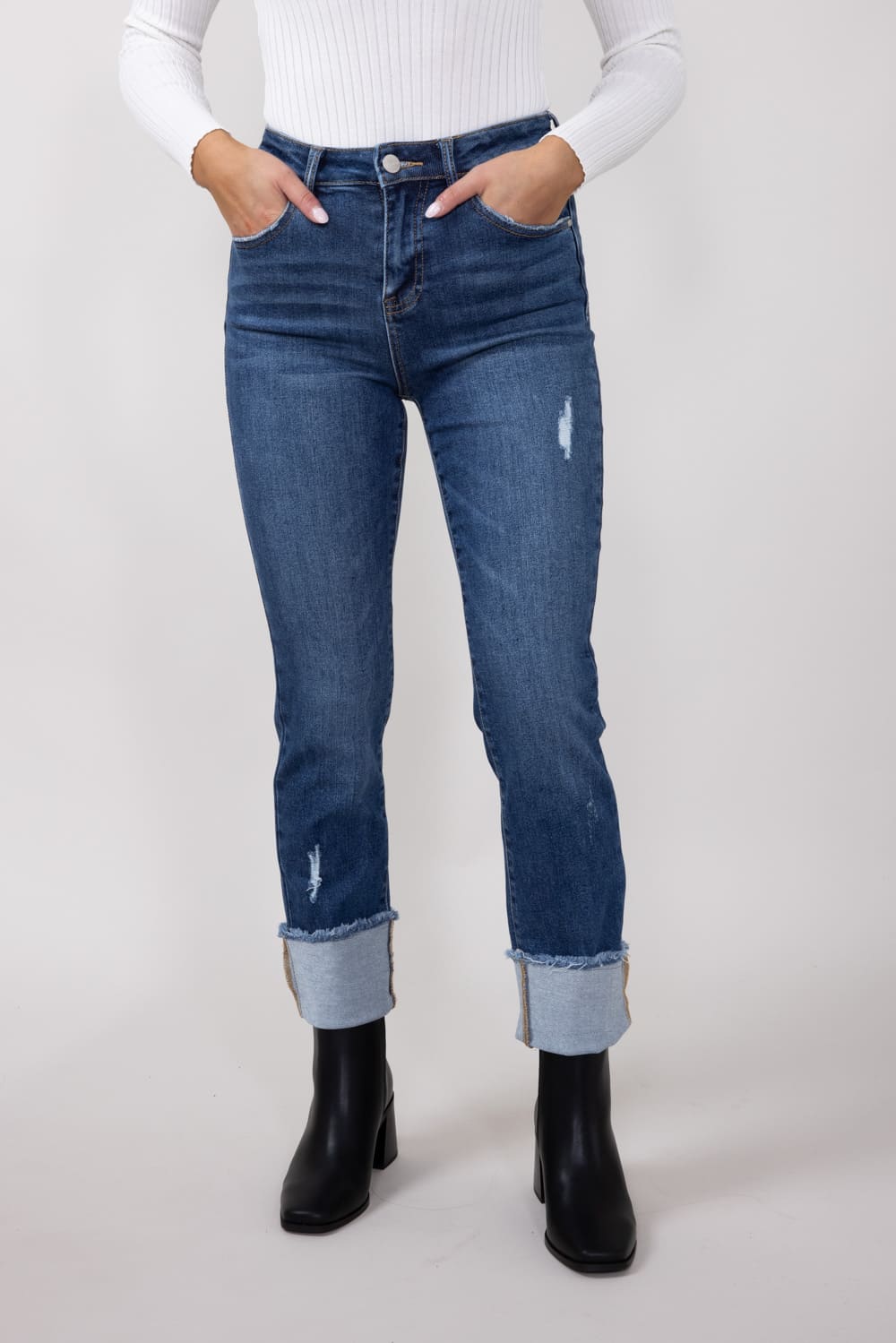 Risen High Rise Cropped Cuffed Straight Leg Jeans for Women