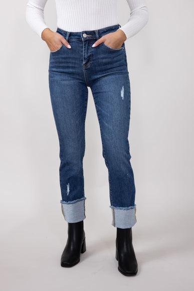 Risen High-Rise Cropped Cuffed Straight Leg Jeans for Women