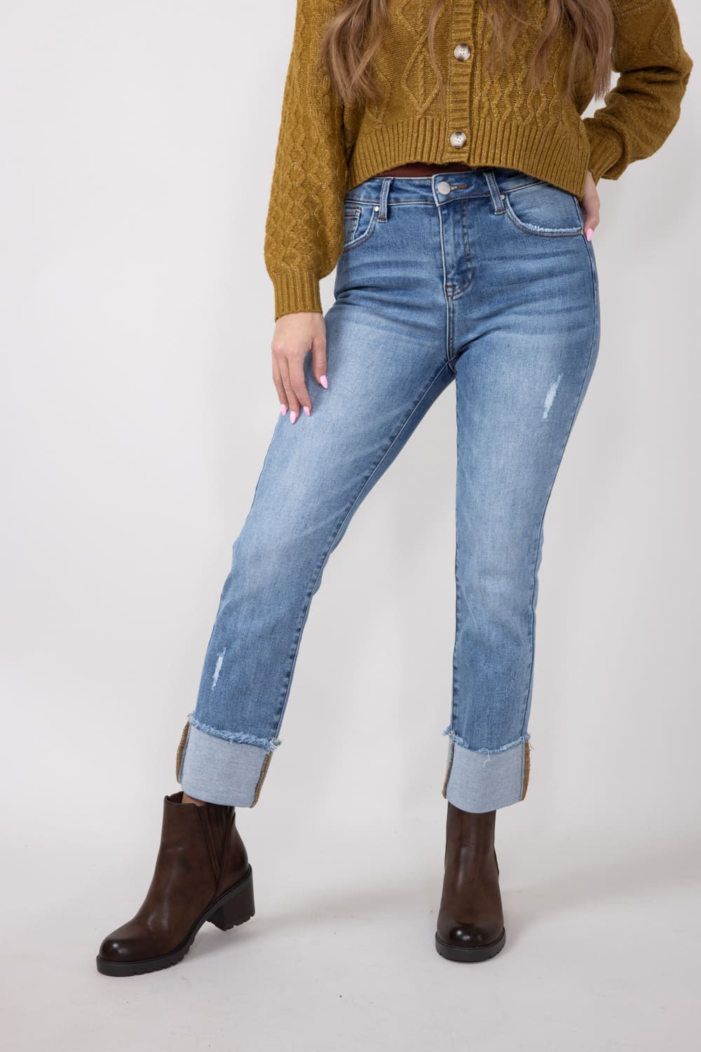 Risen High Rise Cuffed Straight Leg Jeans for Women RDP1282CH-LT