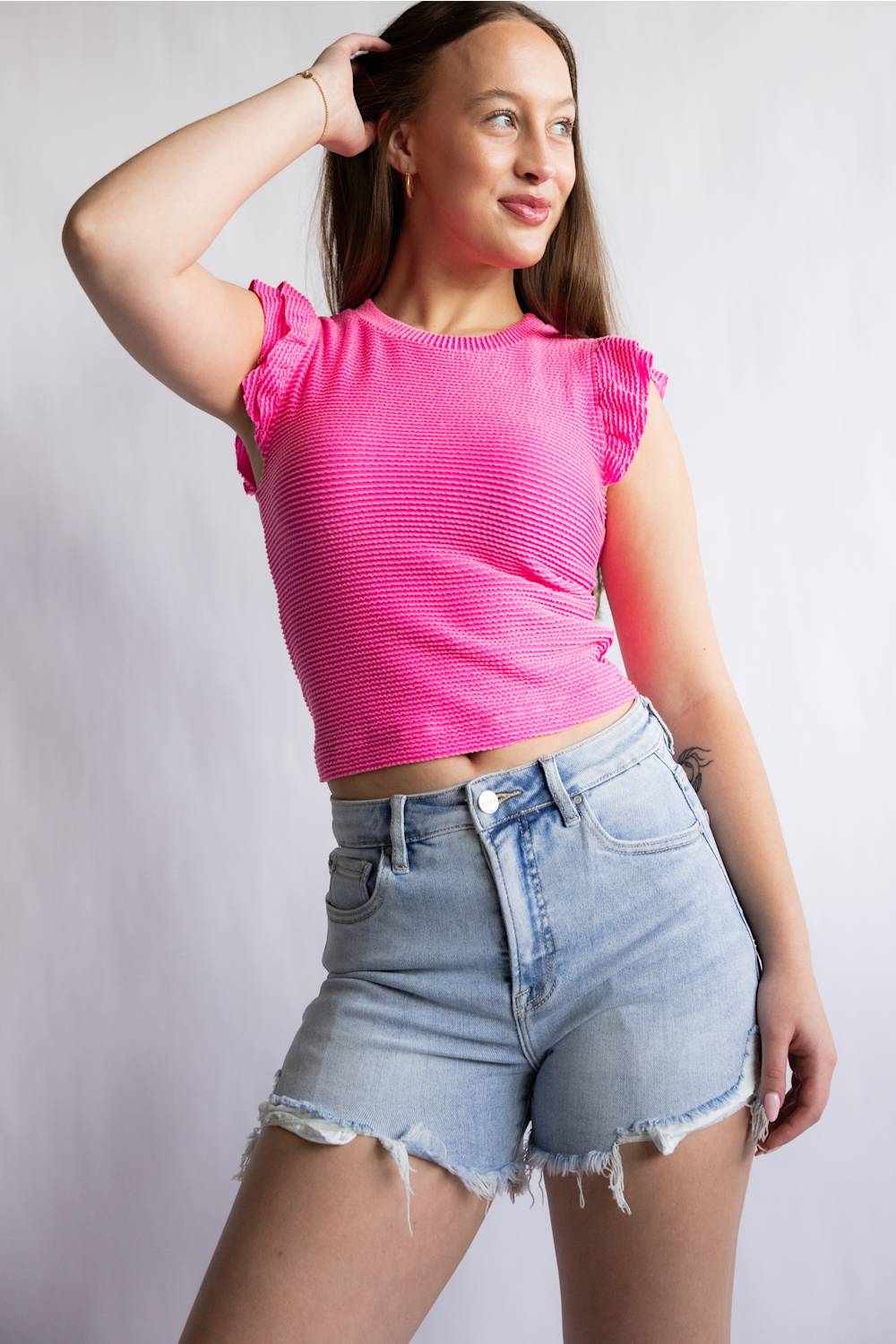 Risen High Rise Fray Hem Denim Shorts for Women