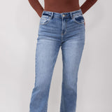 Risen High-Rise Frayed Slim Fit Jeans for Women in Medium Wash