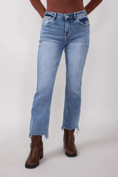 Risen High-Rise Frayed Slim Fit Jeans for Women in Medium Wash