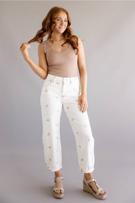 Risen High Rise Leaf Embroidered Barrel Jeans for Women in Cream