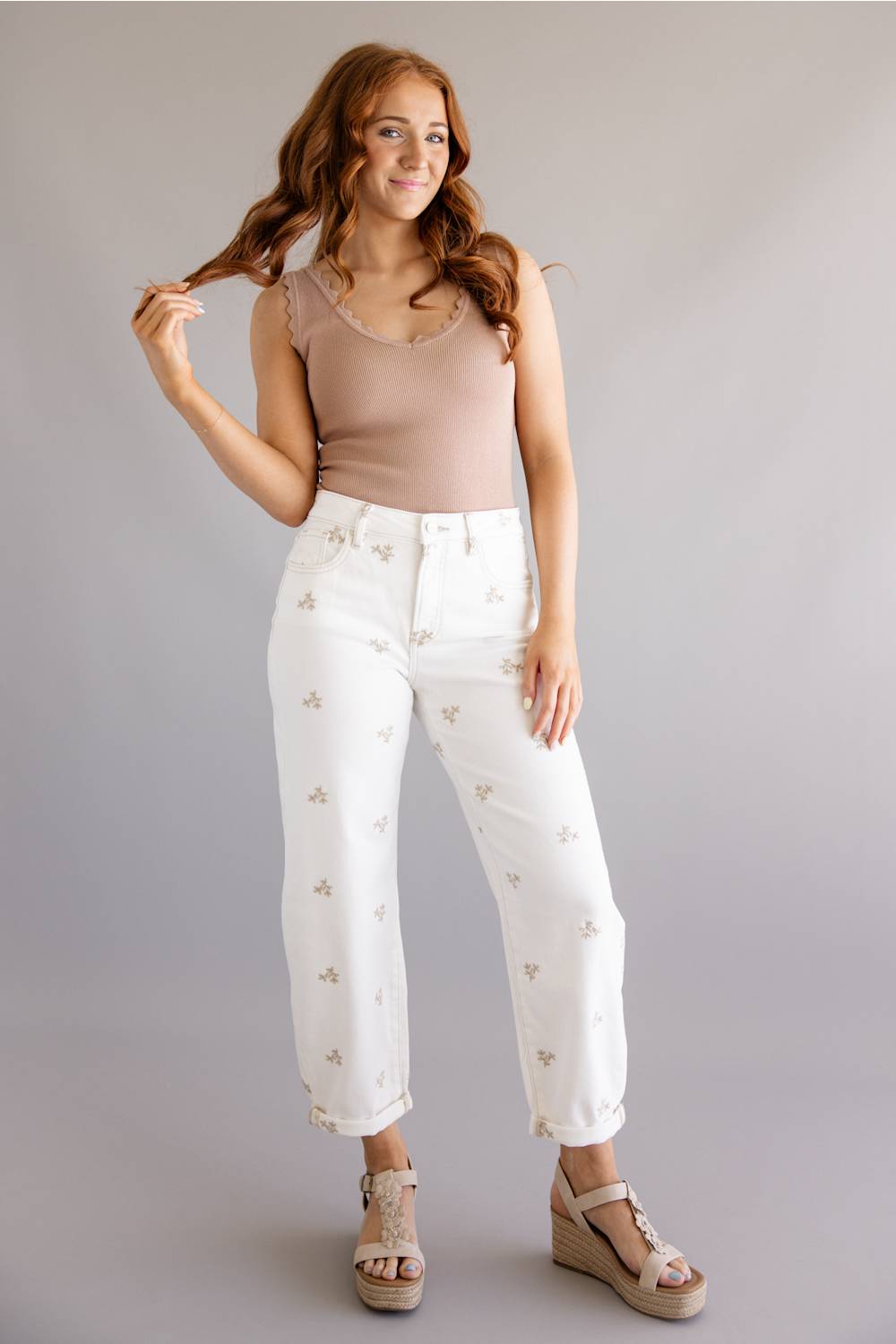 Risen High Rise Leaf Embroidered Barrel Jeans for Women in Cream