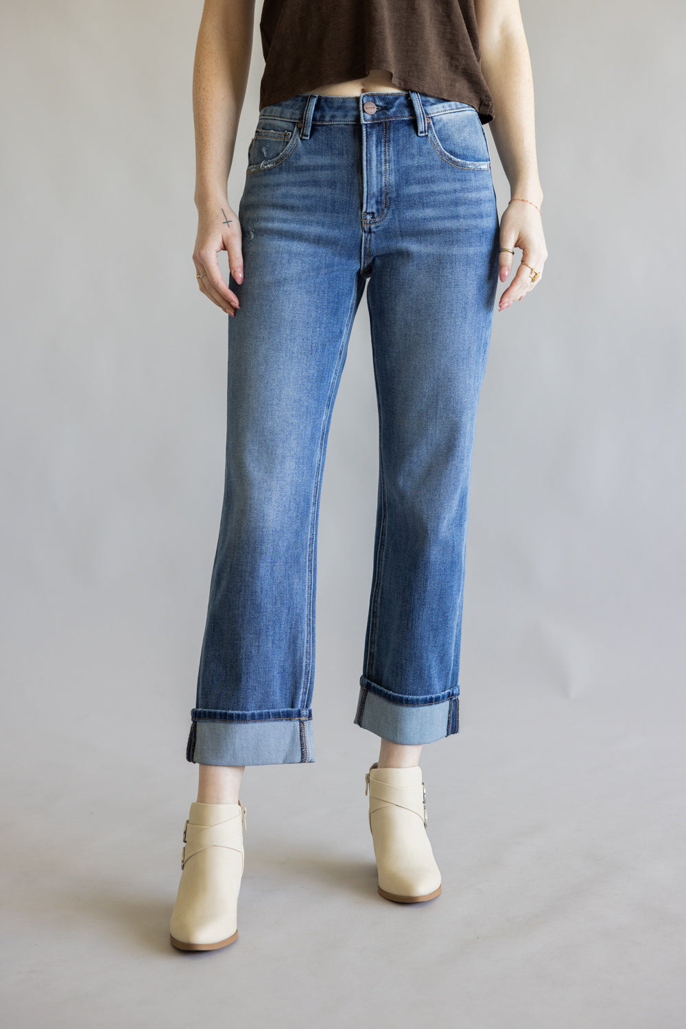 Risen Mid-Rise Relaxed Straight Leg Cuff Jeans for Women
