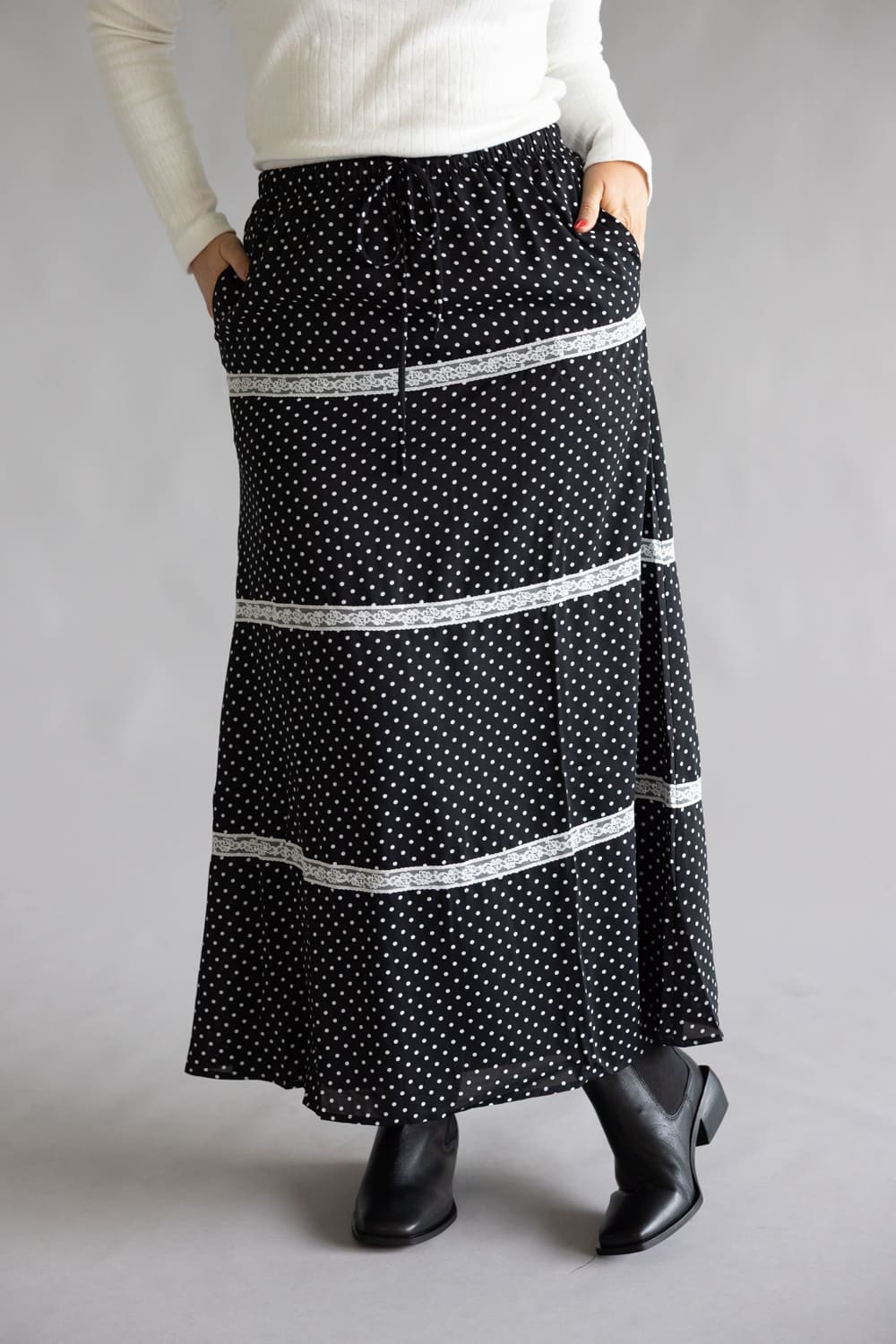 Rowan Polka Dot Tiered Maxi Skirt for Women in Black